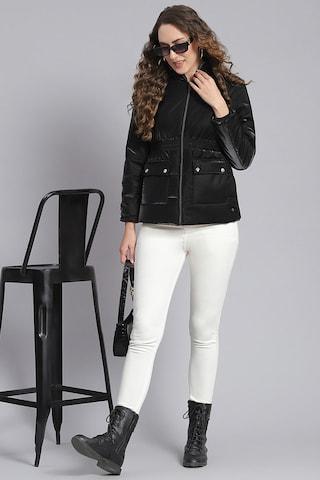 black solid casual full sleeves turtle neck women regular fit jacket