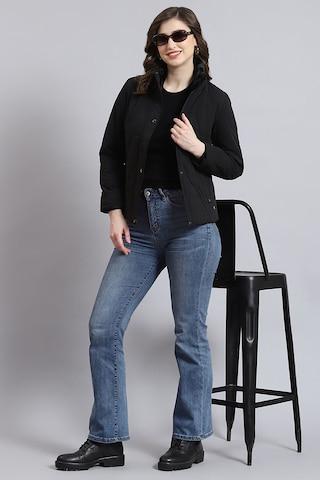 black solid casual full sleeves turtle neck women regular fit jacket