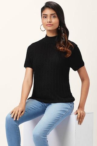 black solid casual half sleeves high neck women comfort fit top