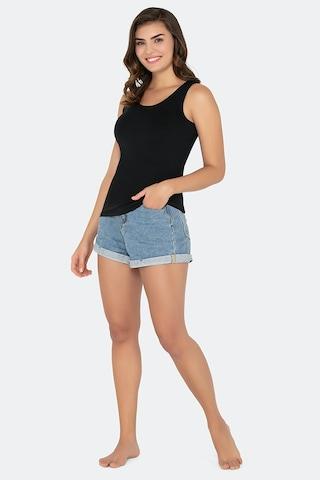 black solid casual sleeveless round neck women regular fit tank top