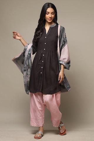 black solid casual v neck 3/4th sleeves ankle-length women straight fit salwar kurta dupatta set