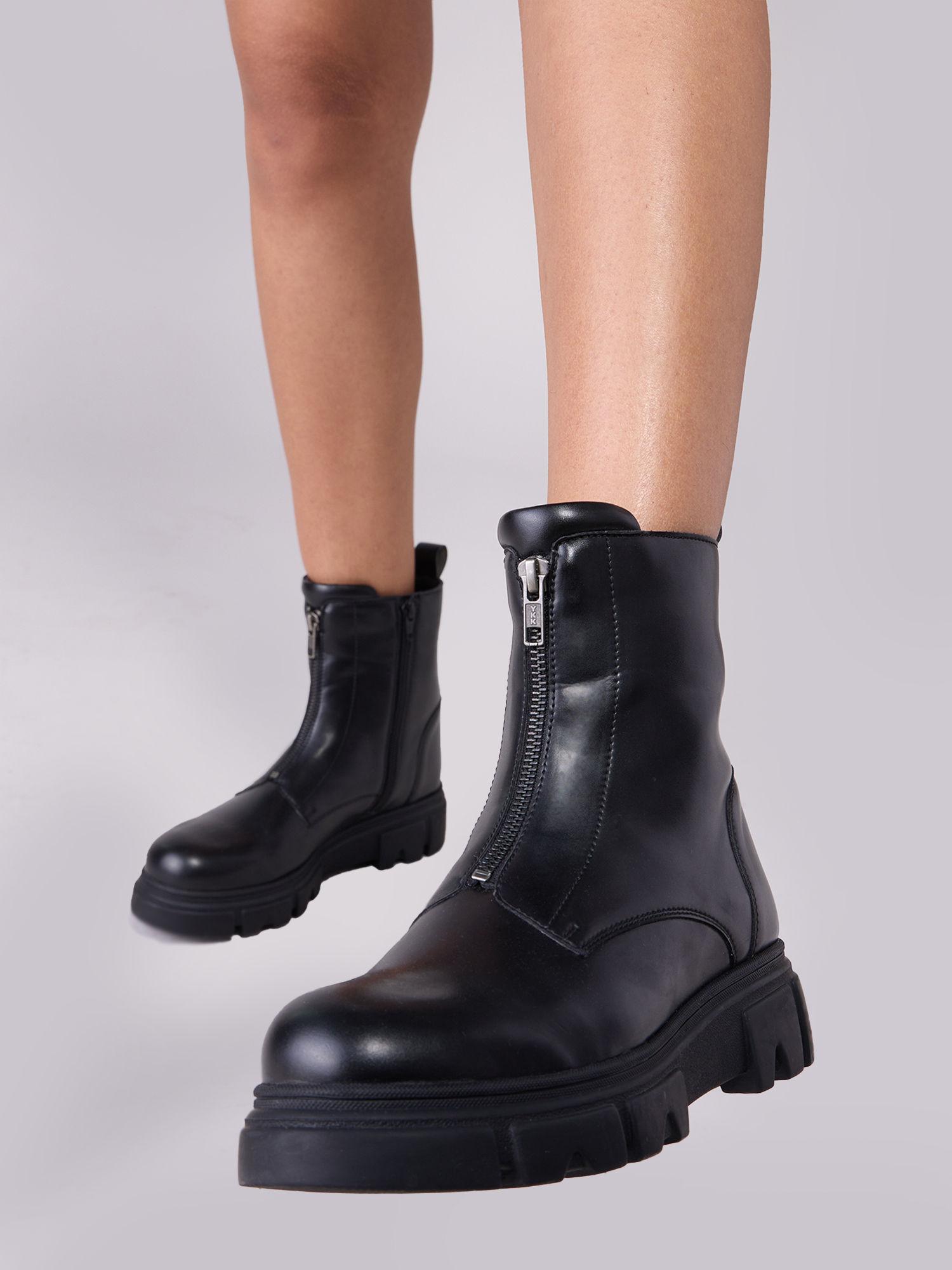 black solid classic chunky high ankle combat boots