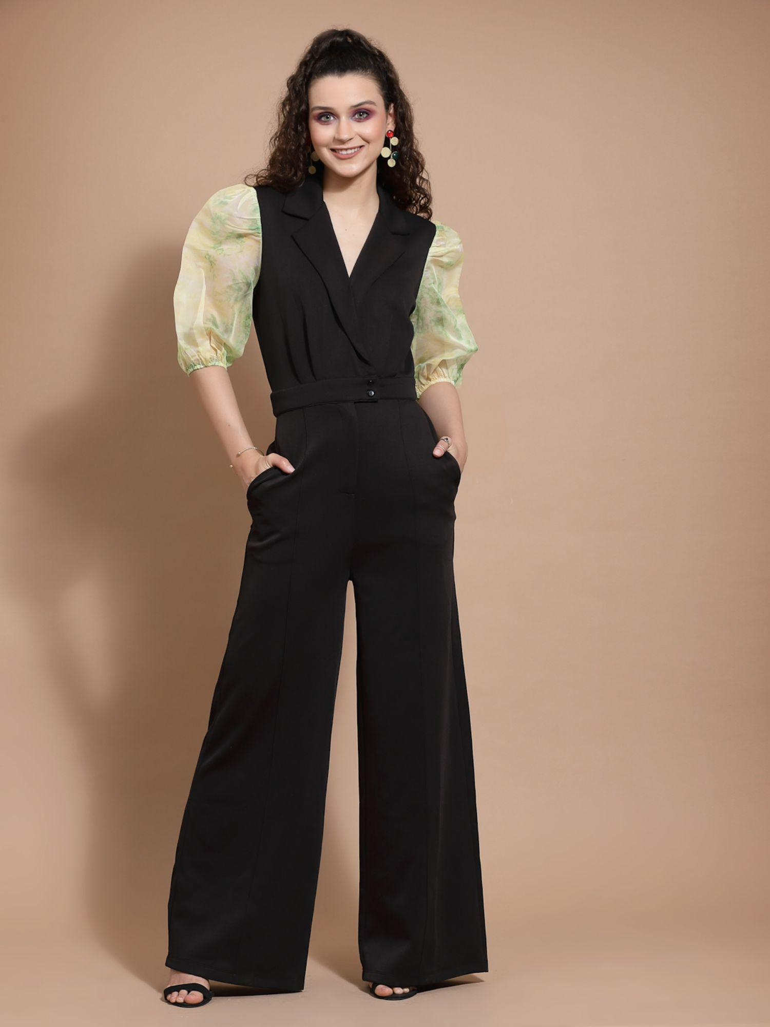 black solid contrast sleeves jumpsuit