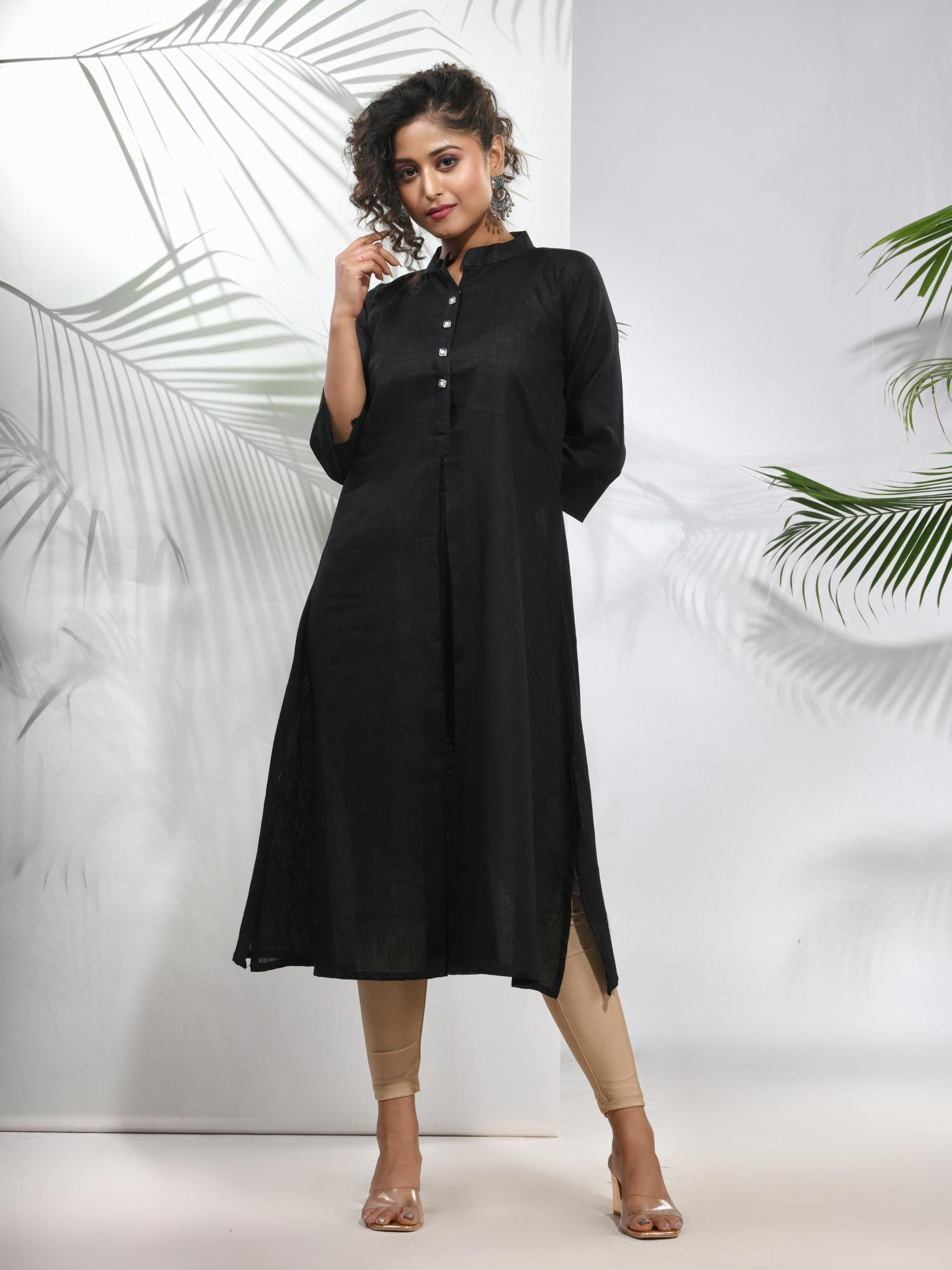 black solid cotton a-line kurta