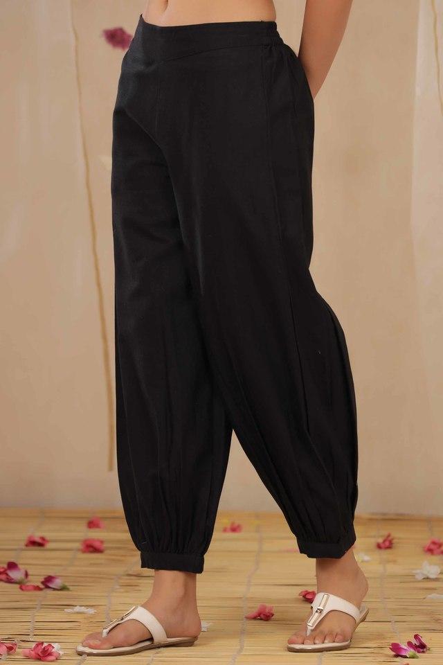 black solid cotton flex ankle-length pathani style pants.