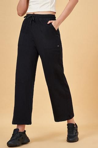 black solid cotton polyester women flared fit track pants