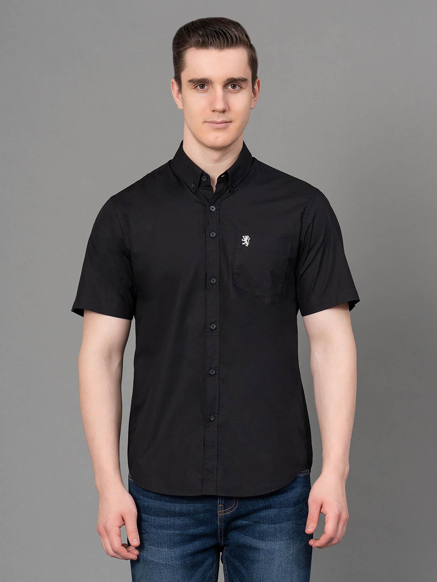 black solid cotton poplin mens half sleeve shirt