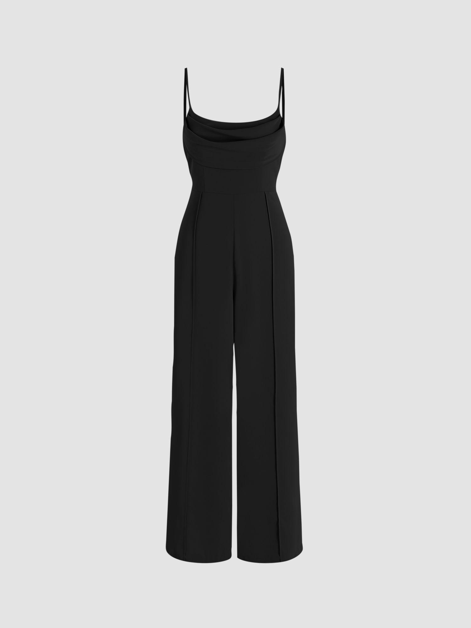 black solid cowl neck stitch jumpsuit