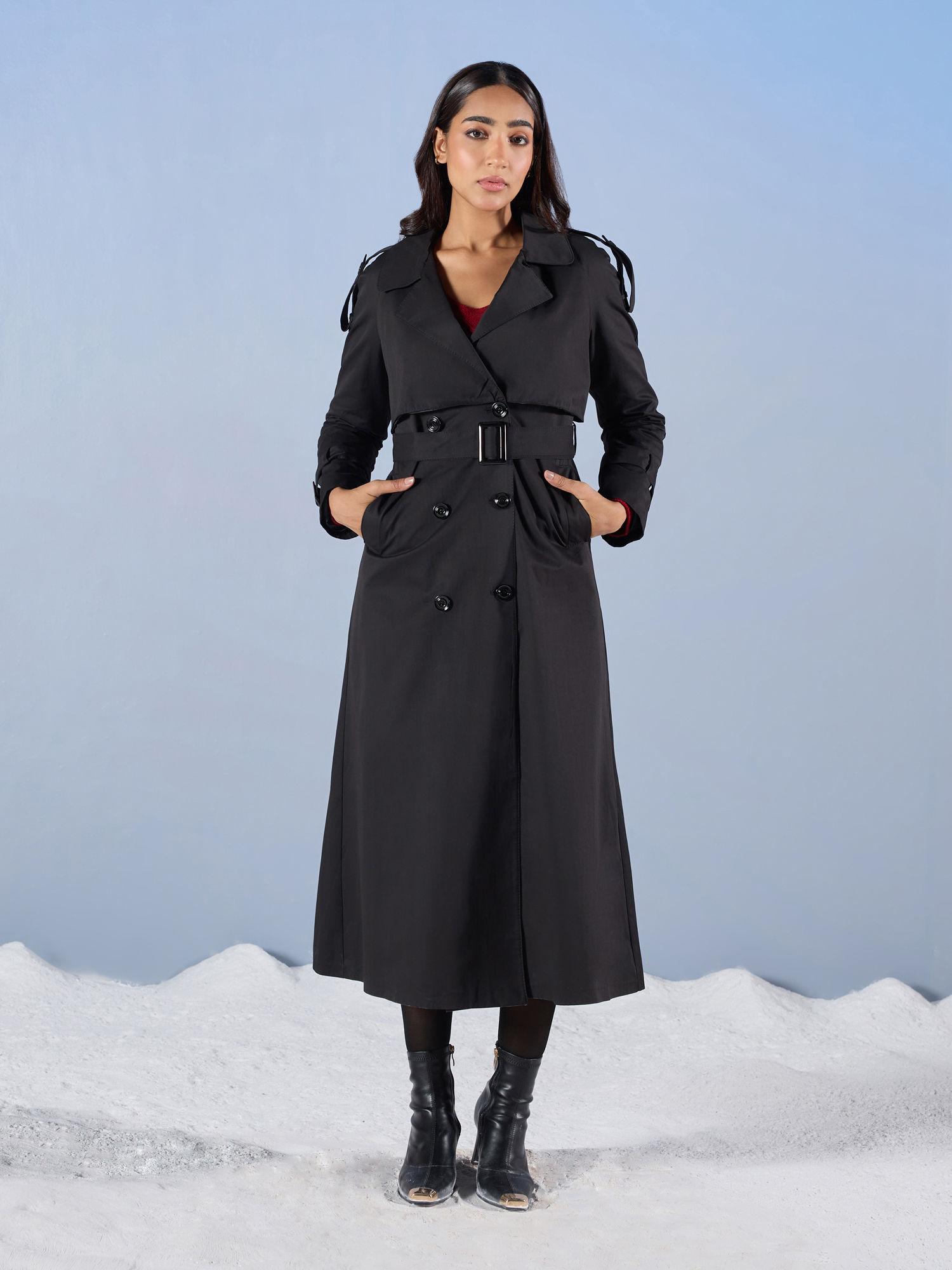 black solid double breasted longline trench coat (set of 2)