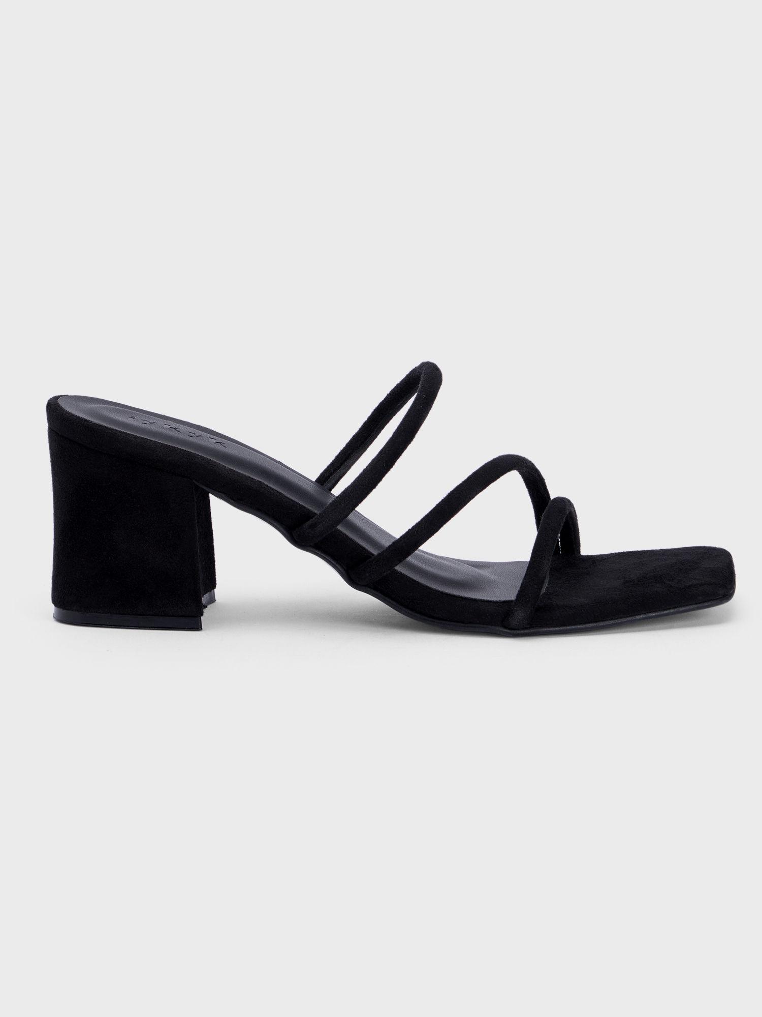 black solid double strap square toe block heels