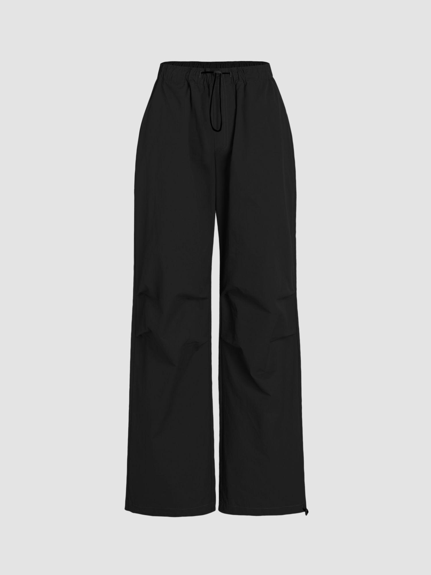 black solid drawstring middle waist parachute pant