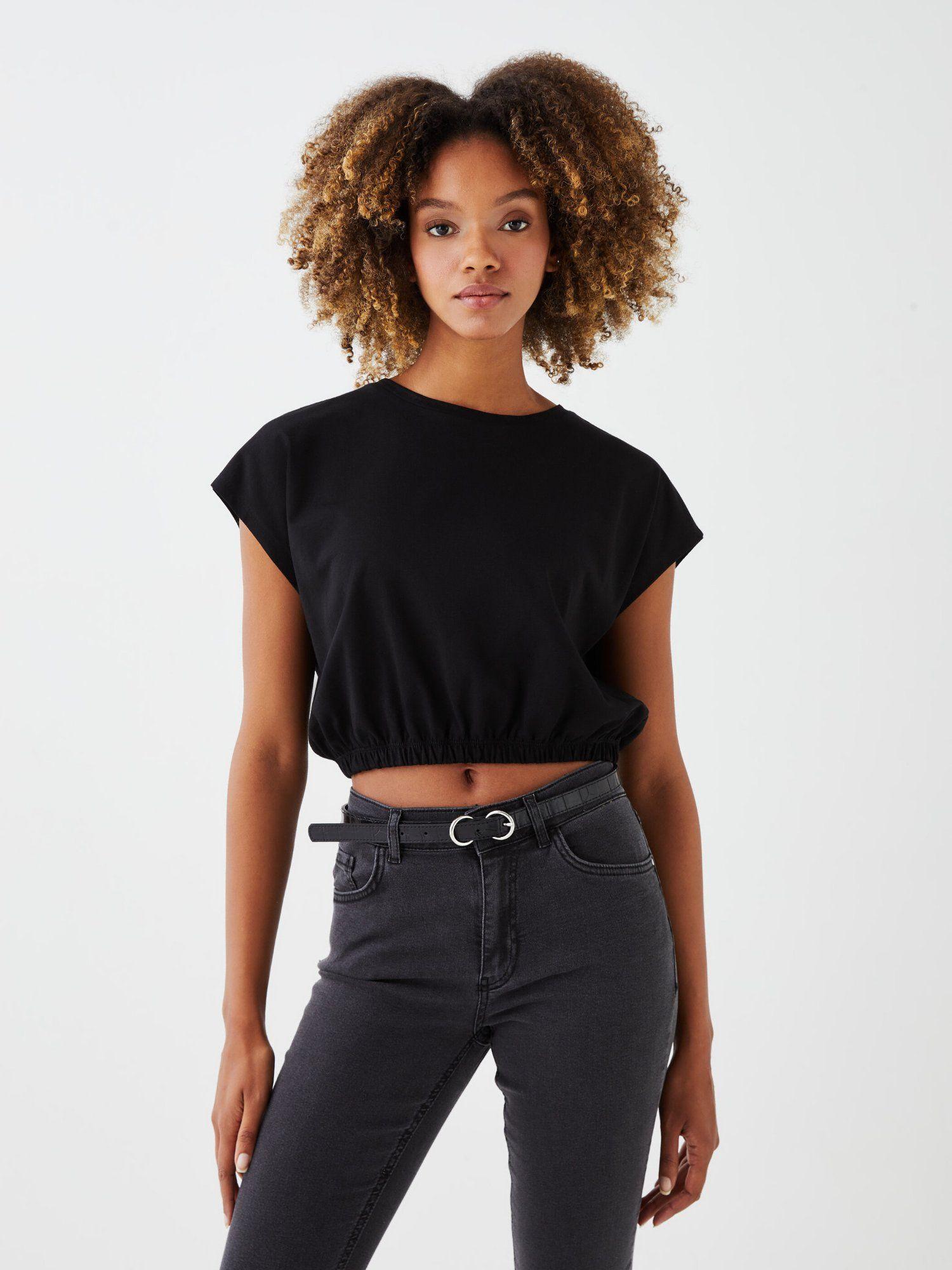 black solid elasticated waist top