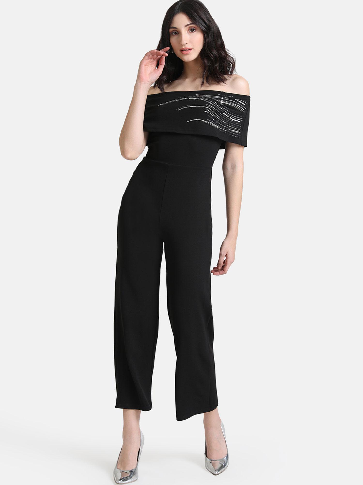 black solid embellished off shoulder jumpsuit