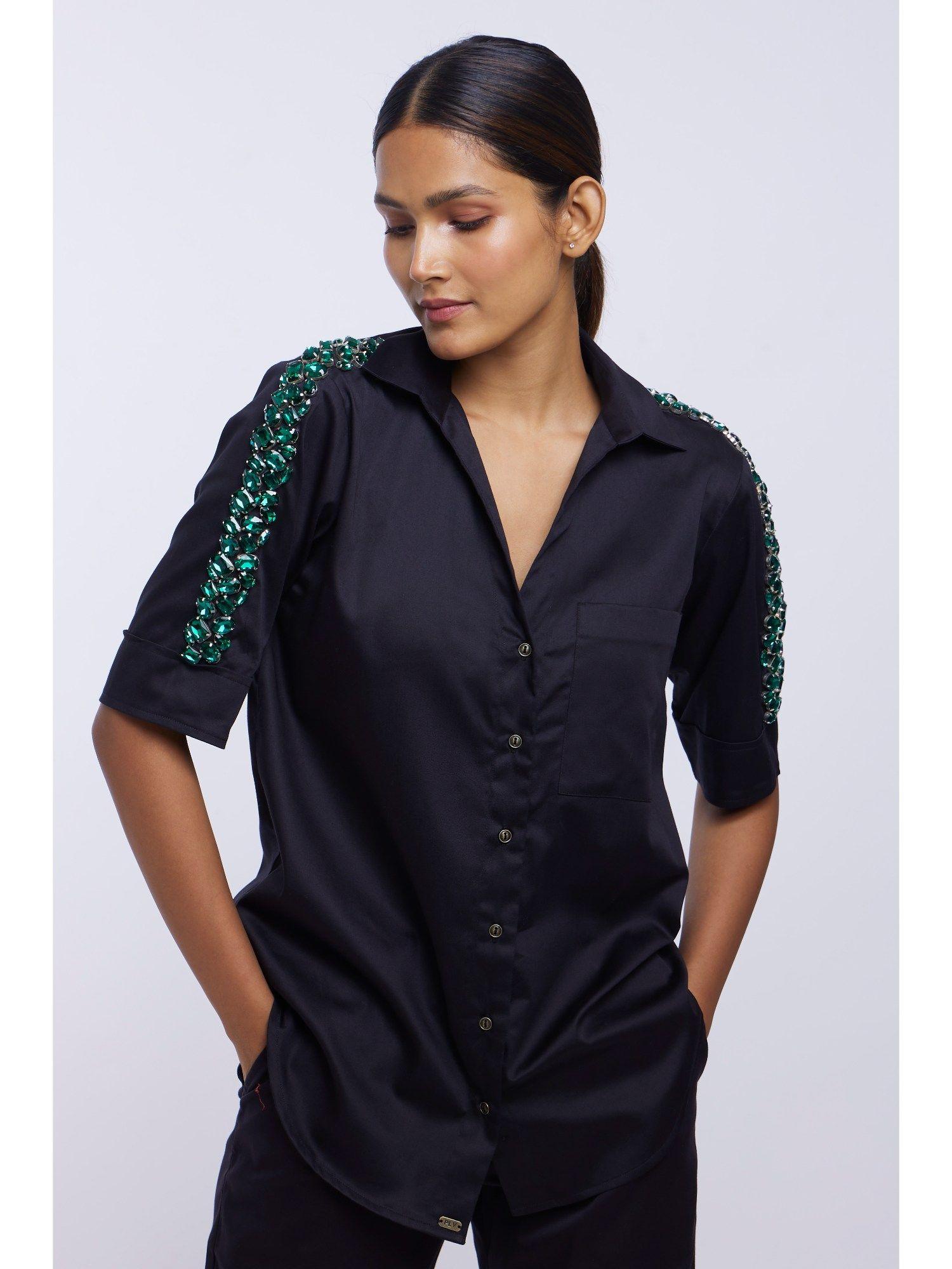 black solid emerald swarovski ribbon shirt