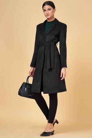 black solid formal full sleeves notched collar women regular fit jacket