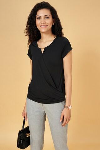 black solid formal half sleeves round neck women regular fit  top