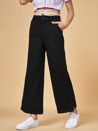 black solid full length casual girls regular fit trouser