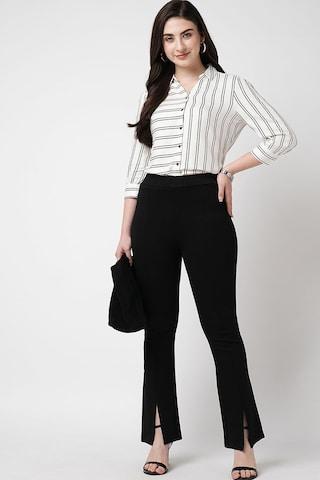 black solid full length casual women flared fit trousers