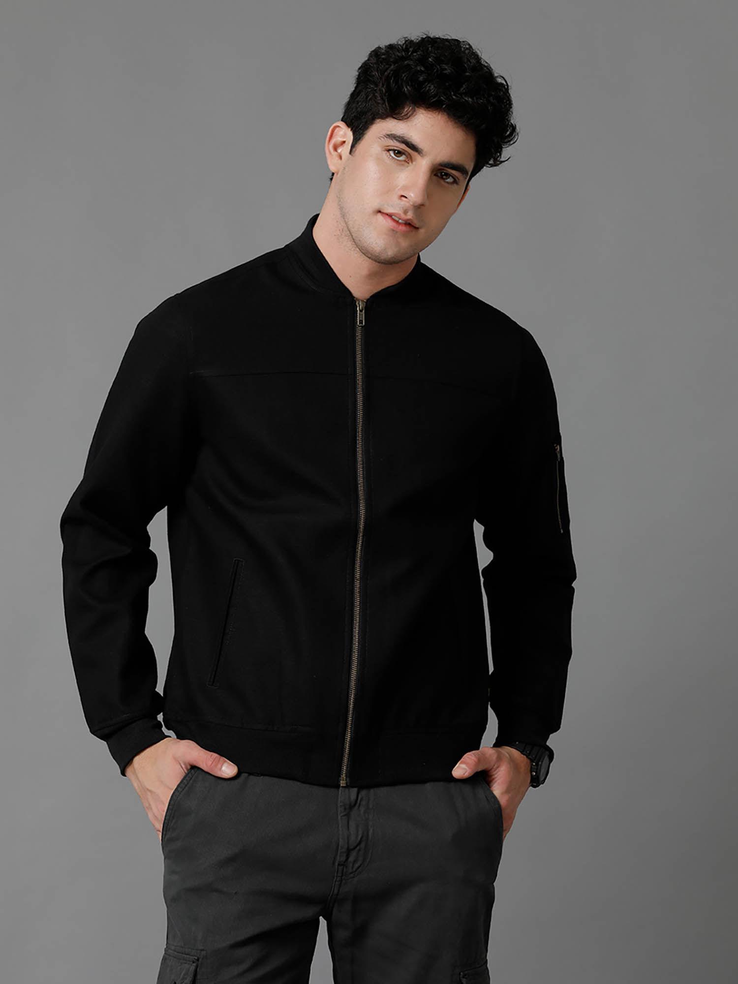 black solid full sleeve all season linen jacket for men