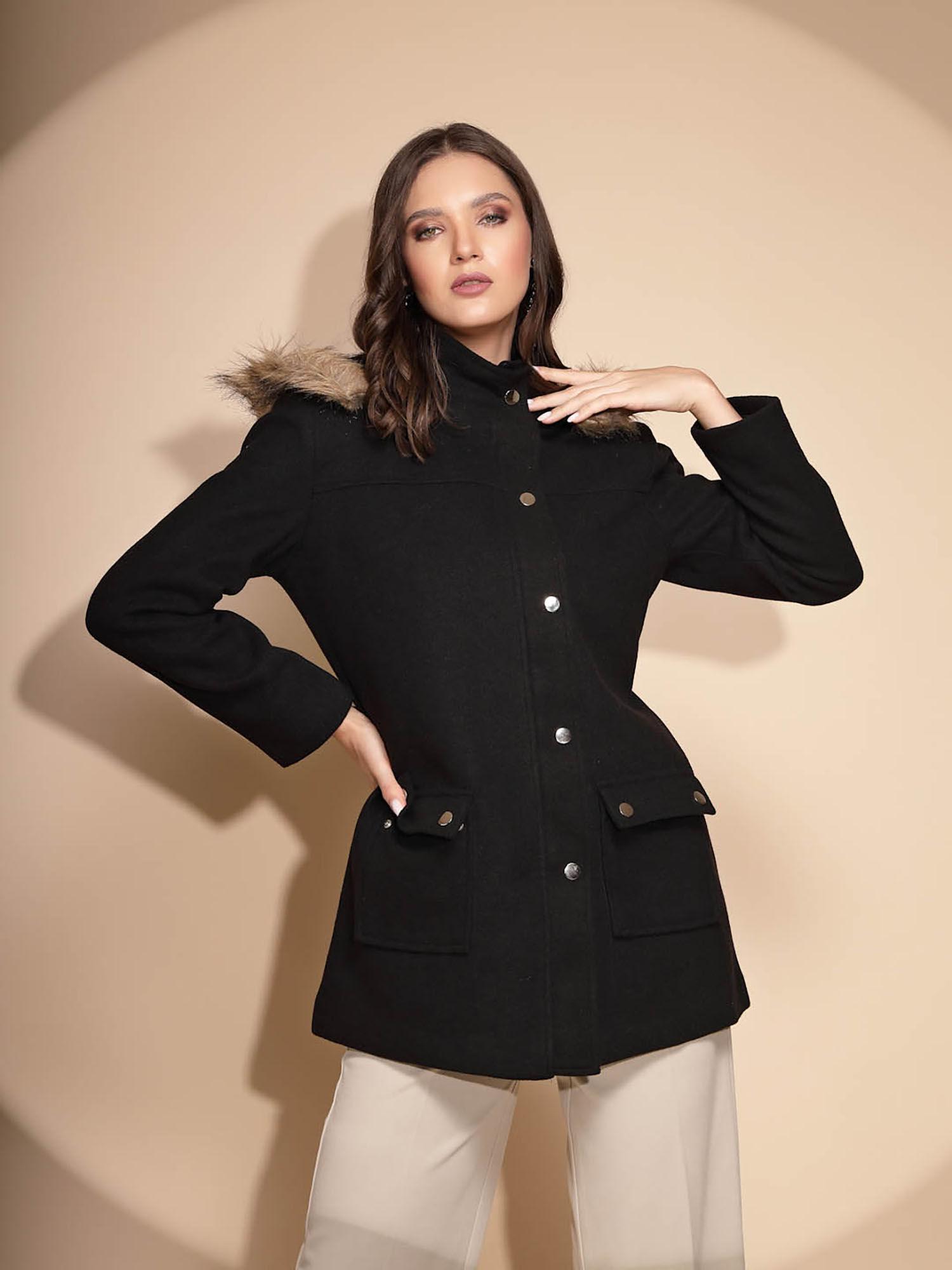 black solid full sleeve hood knit coat