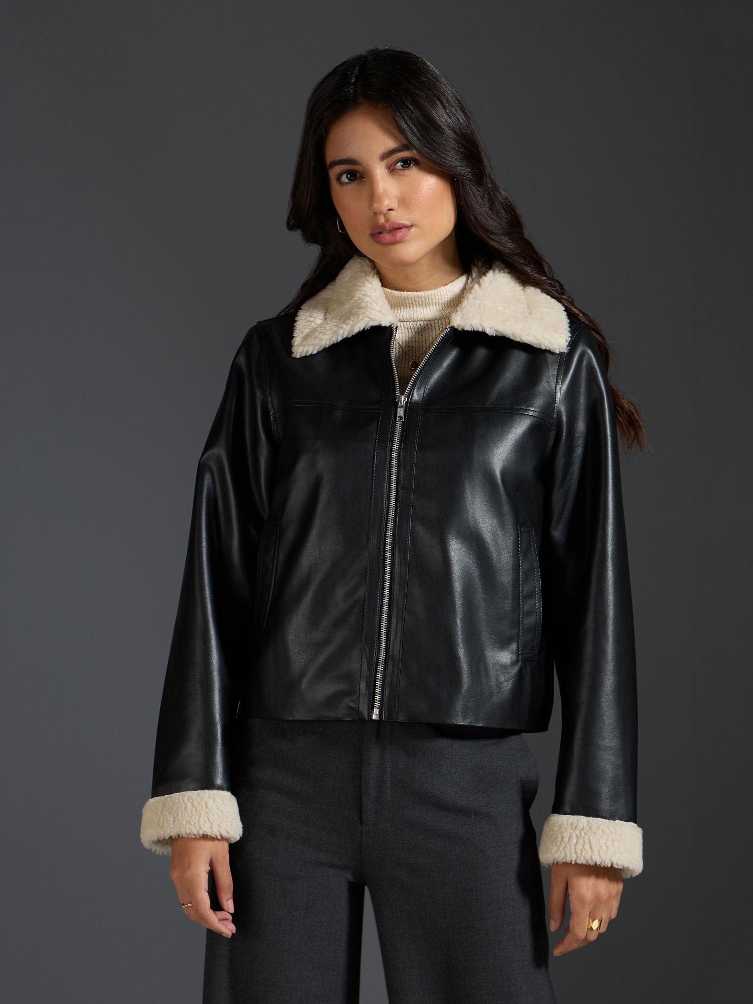 black solid full sleeves faux leather shearling jacket