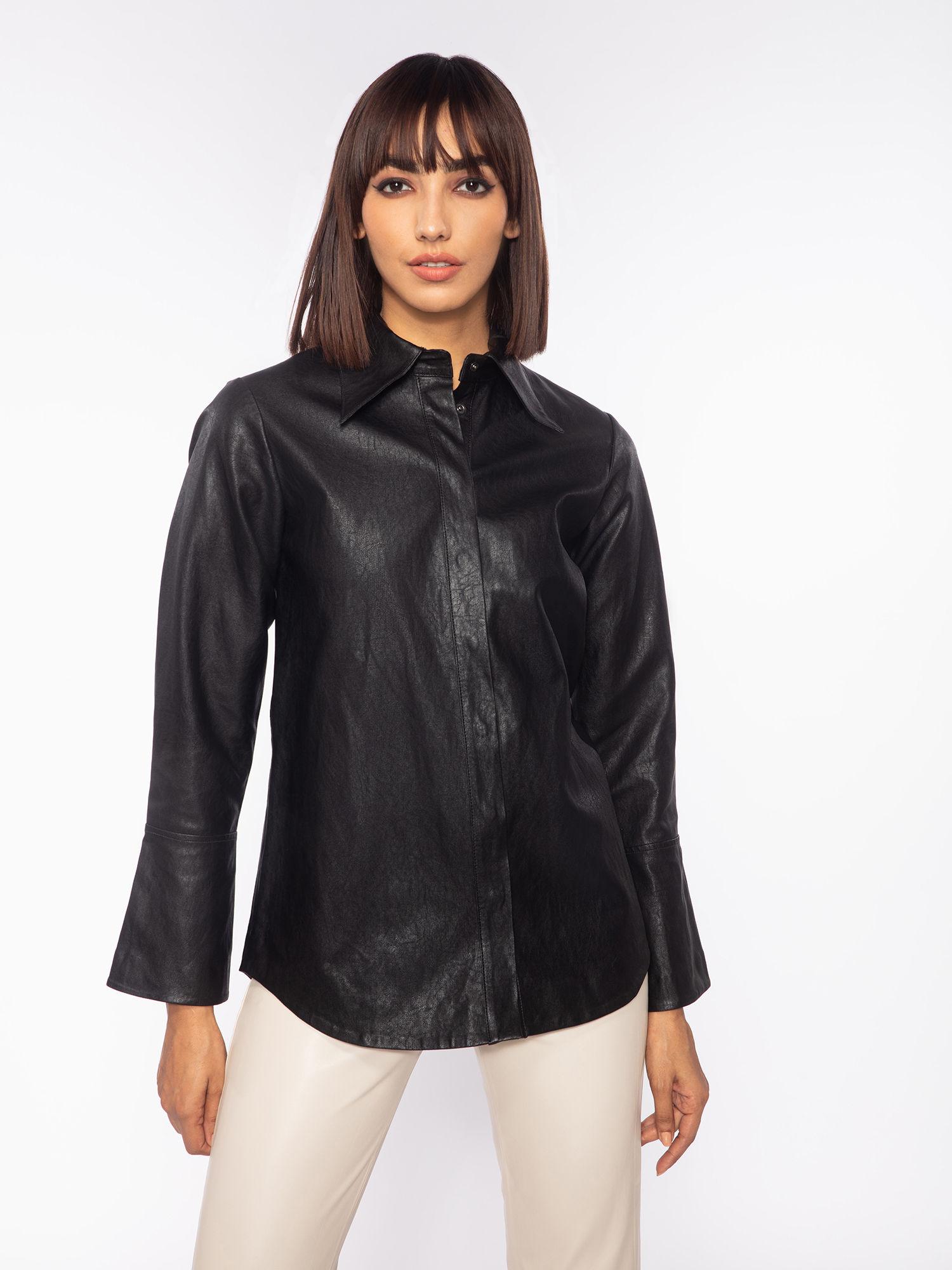 black solid full sleeves faux leather shirt