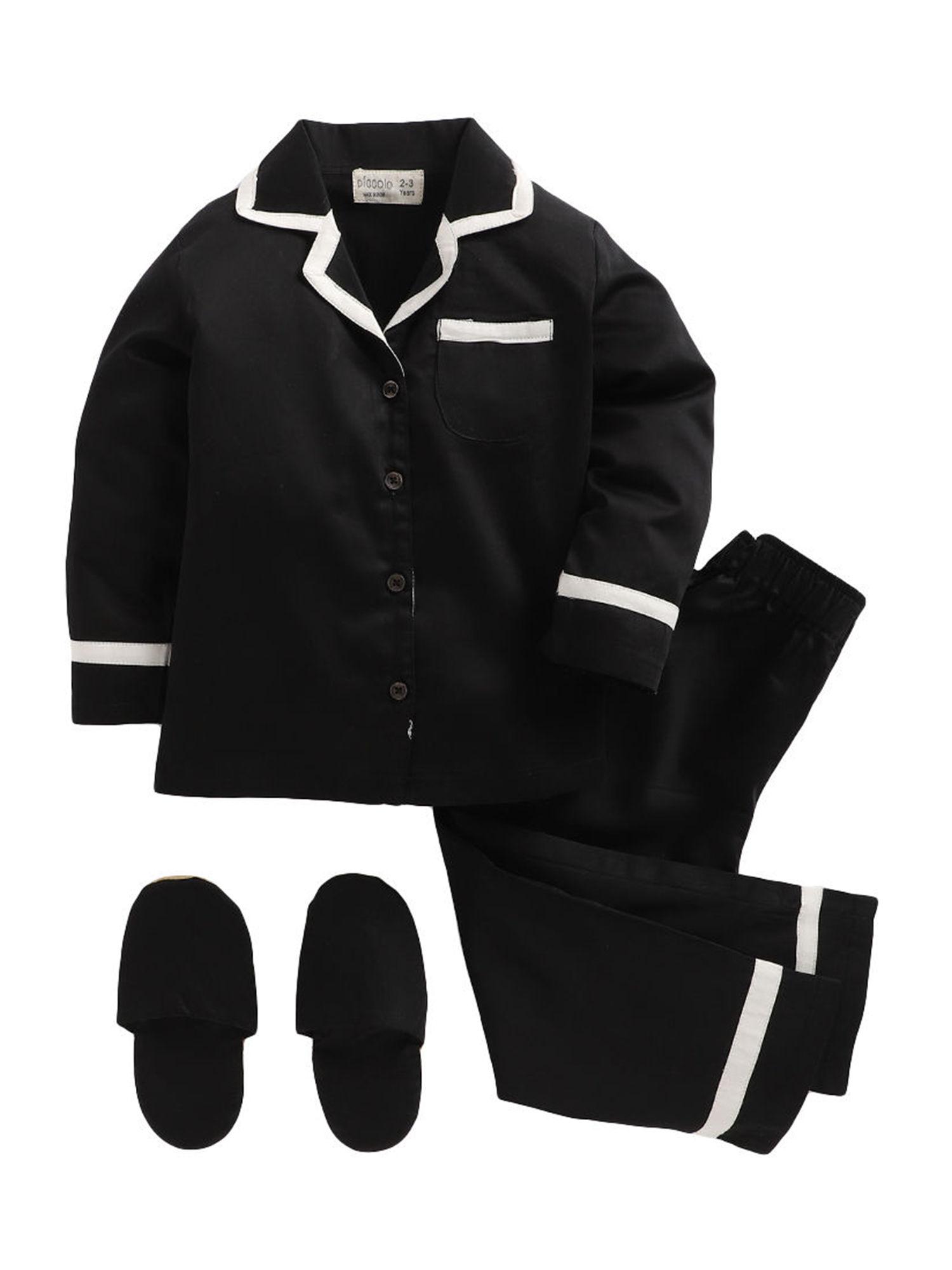 black solid full sleeves top and pyjama set with slippers (set of 3)
