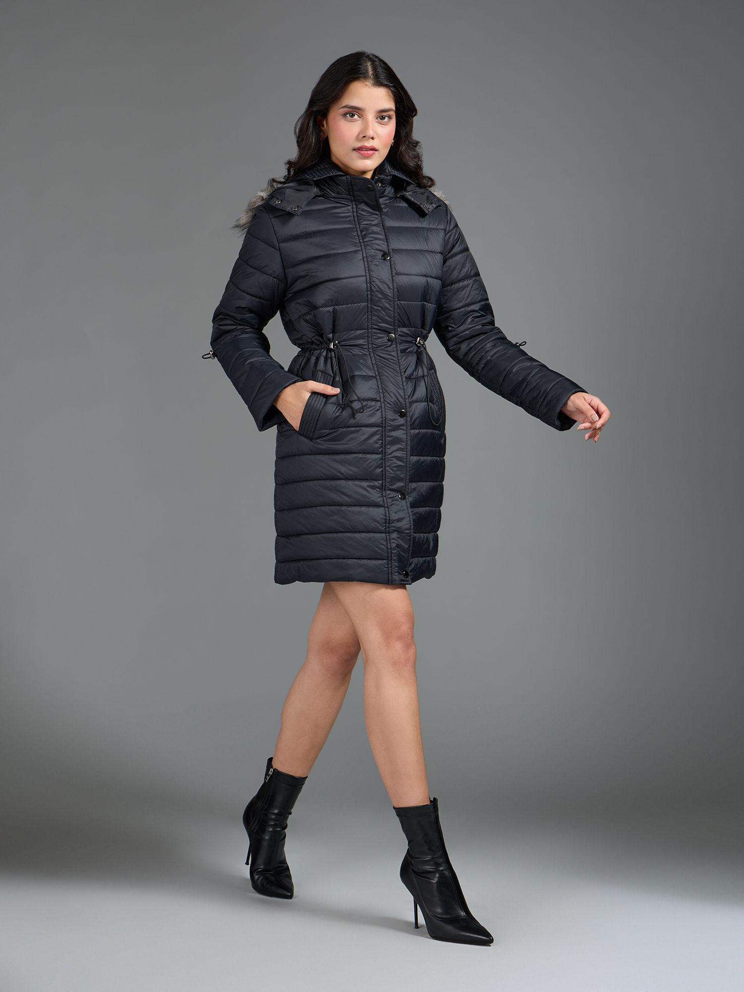 black solid fur hood longline quilted puffer jacket