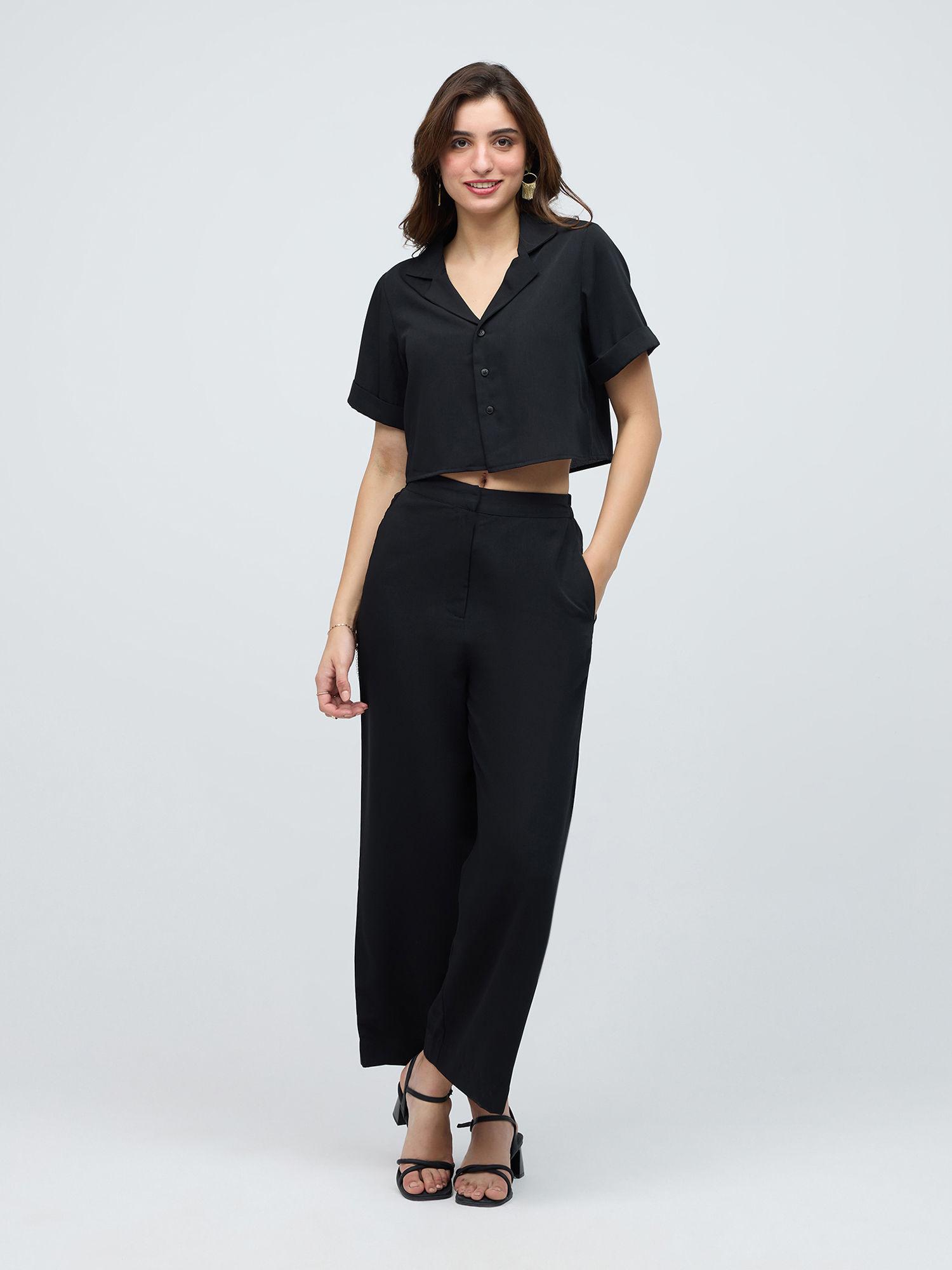 black solid half sleeves shirt pants co ord (set of 2)