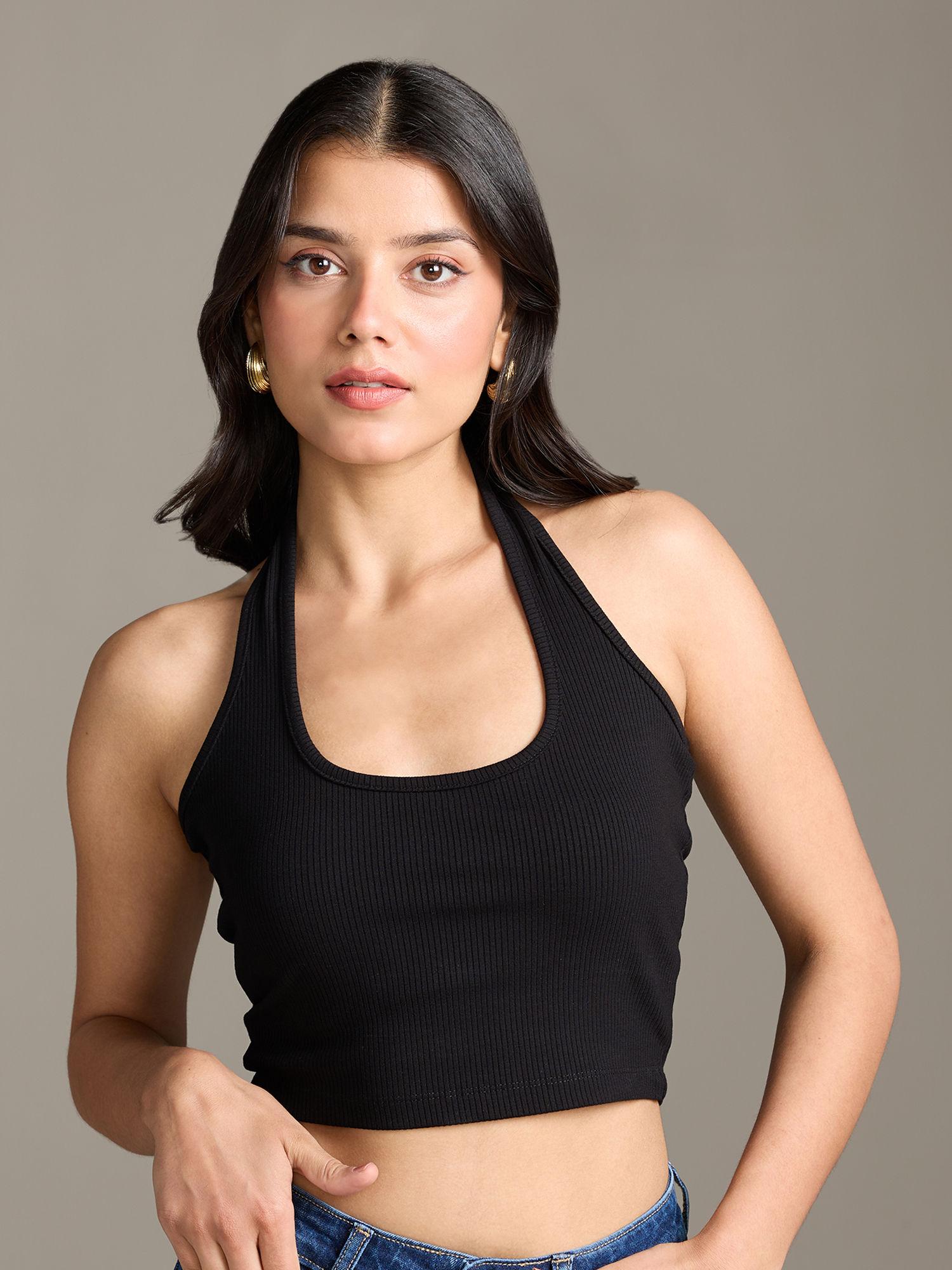 black solid halter neck sleeveless fitted crop t-shirt