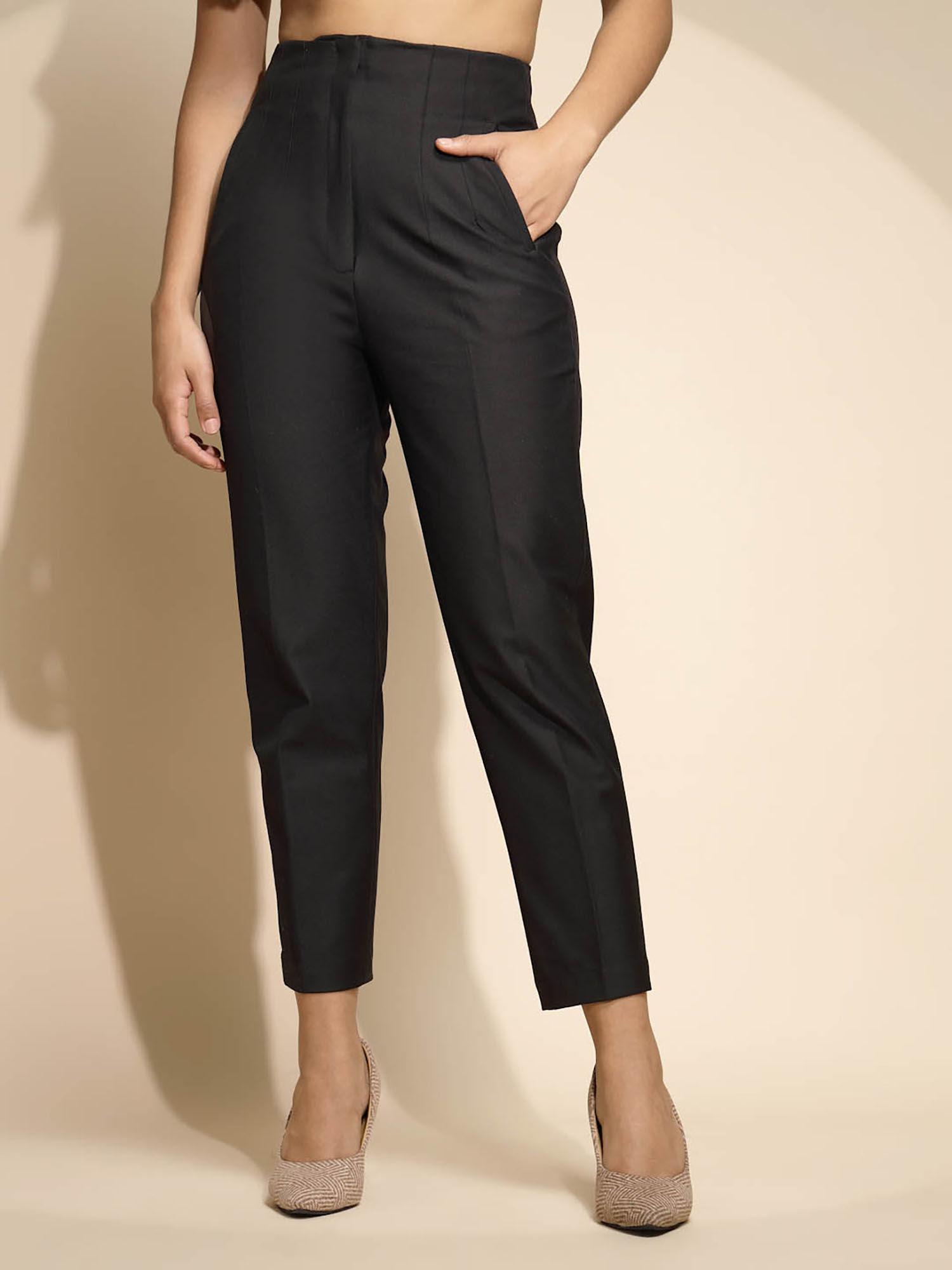 black solid high waist cotton trousers