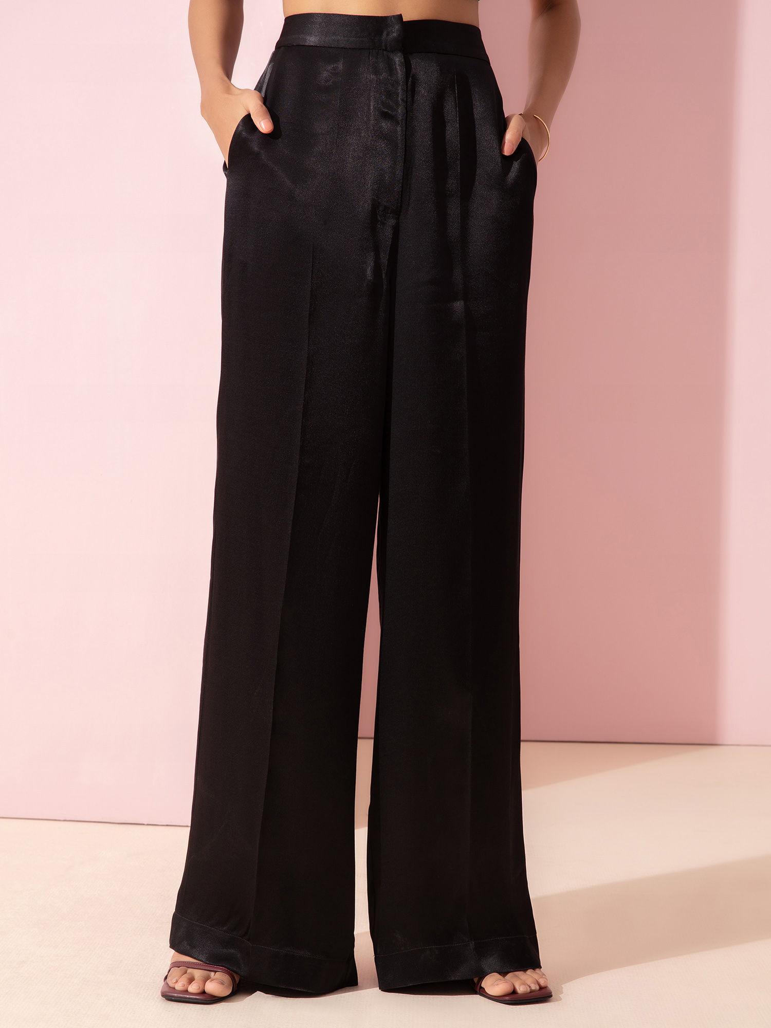 black solid high waist flared satin pants