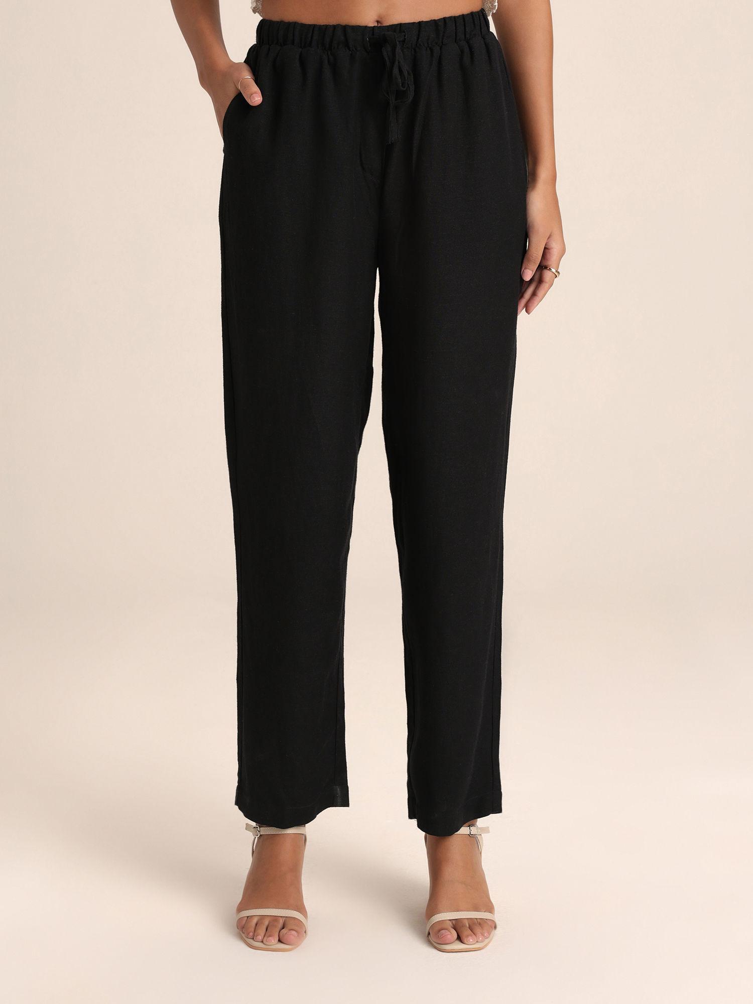 black solid high waist relaxed trousers