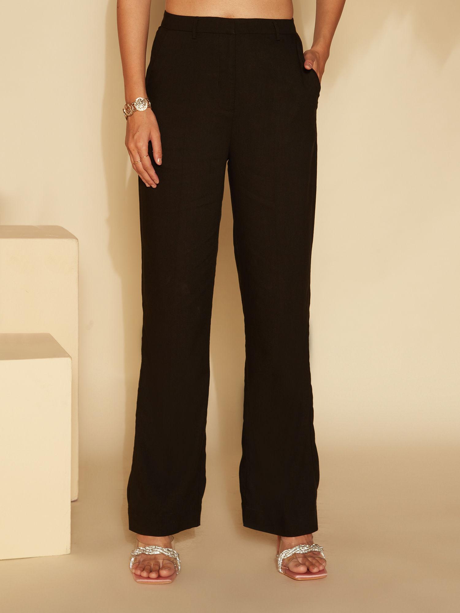 black solid high waist straight fit pants