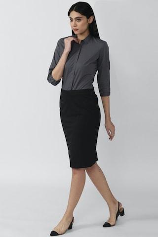 black solid knee length formal women regular fit skirt