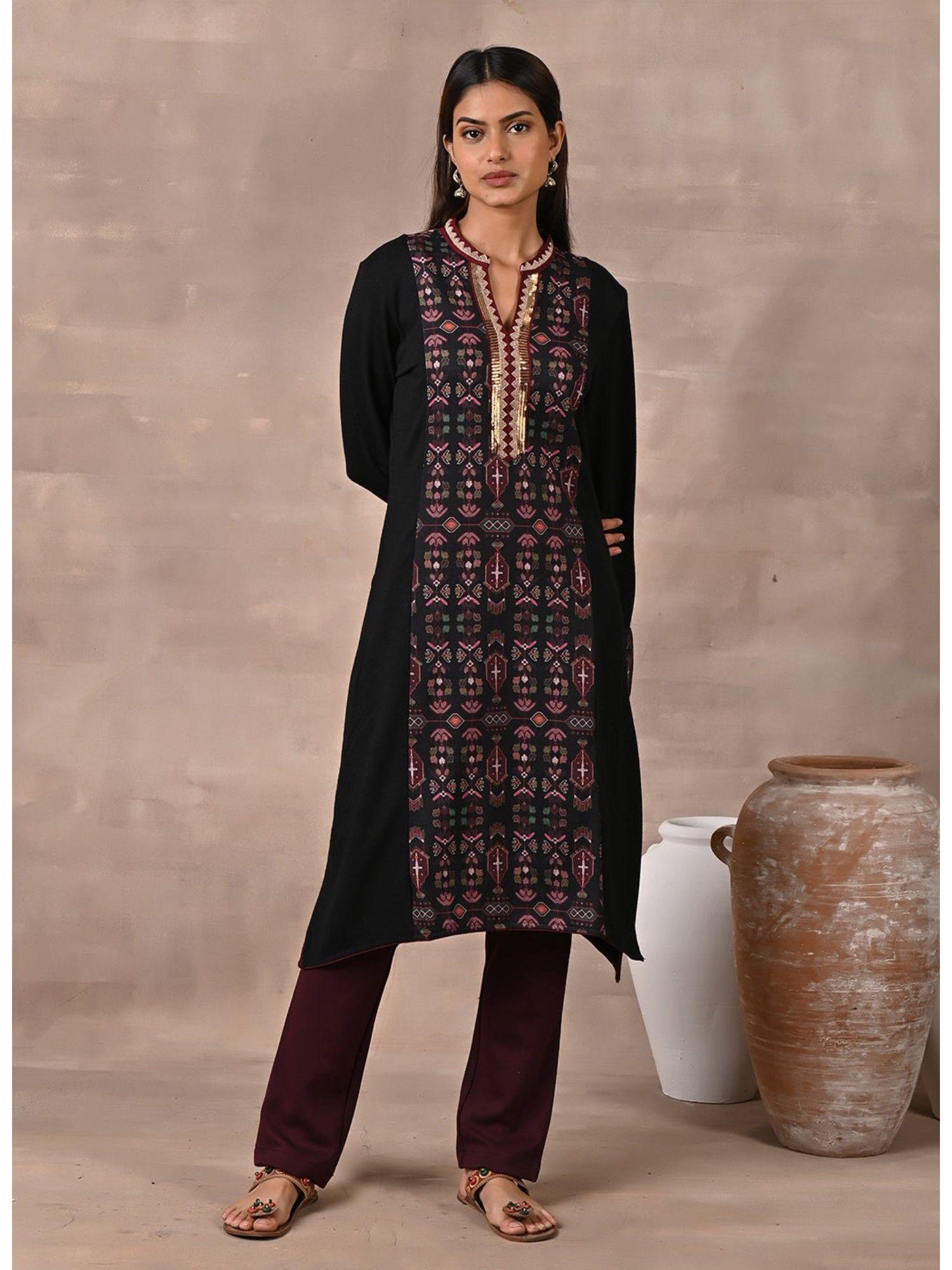 black solid kurta with tribal embroidery and curved hem