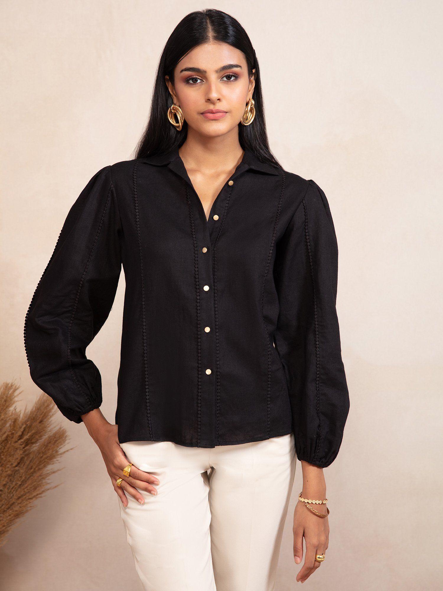 black solid lace trim full sleeves shirt