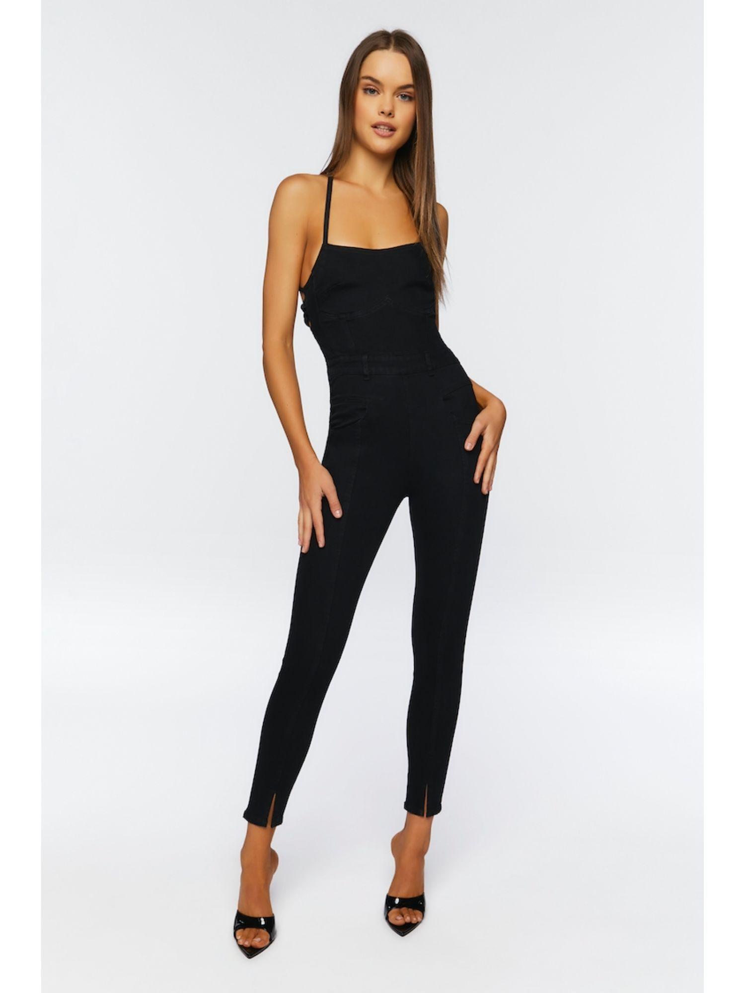 black solid lace up back jumpsuits