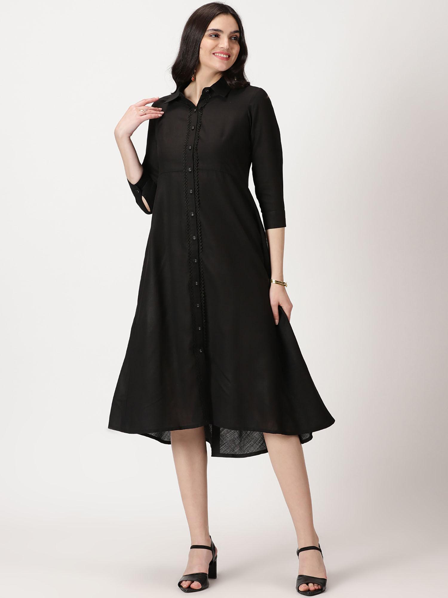 black solid lace work placket midi shirt dress