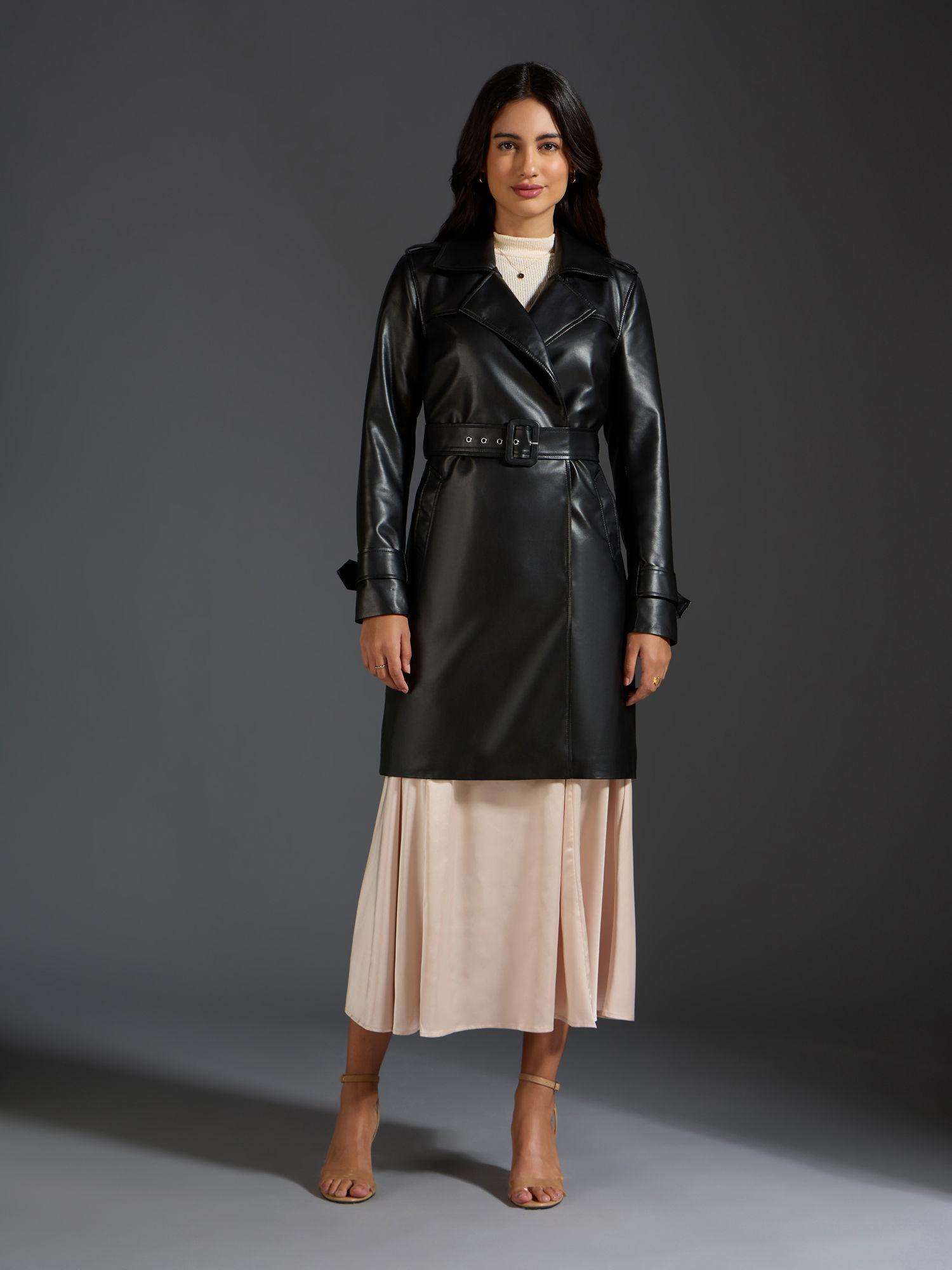 black solid lapel collar leather knee overcoat (set of 2)