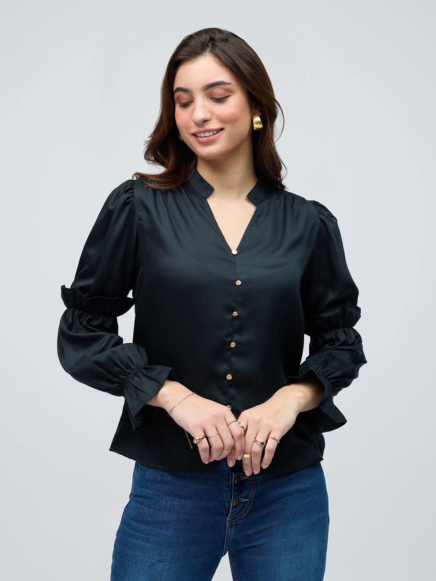 black solid mandarin collar ruffled sleeves top