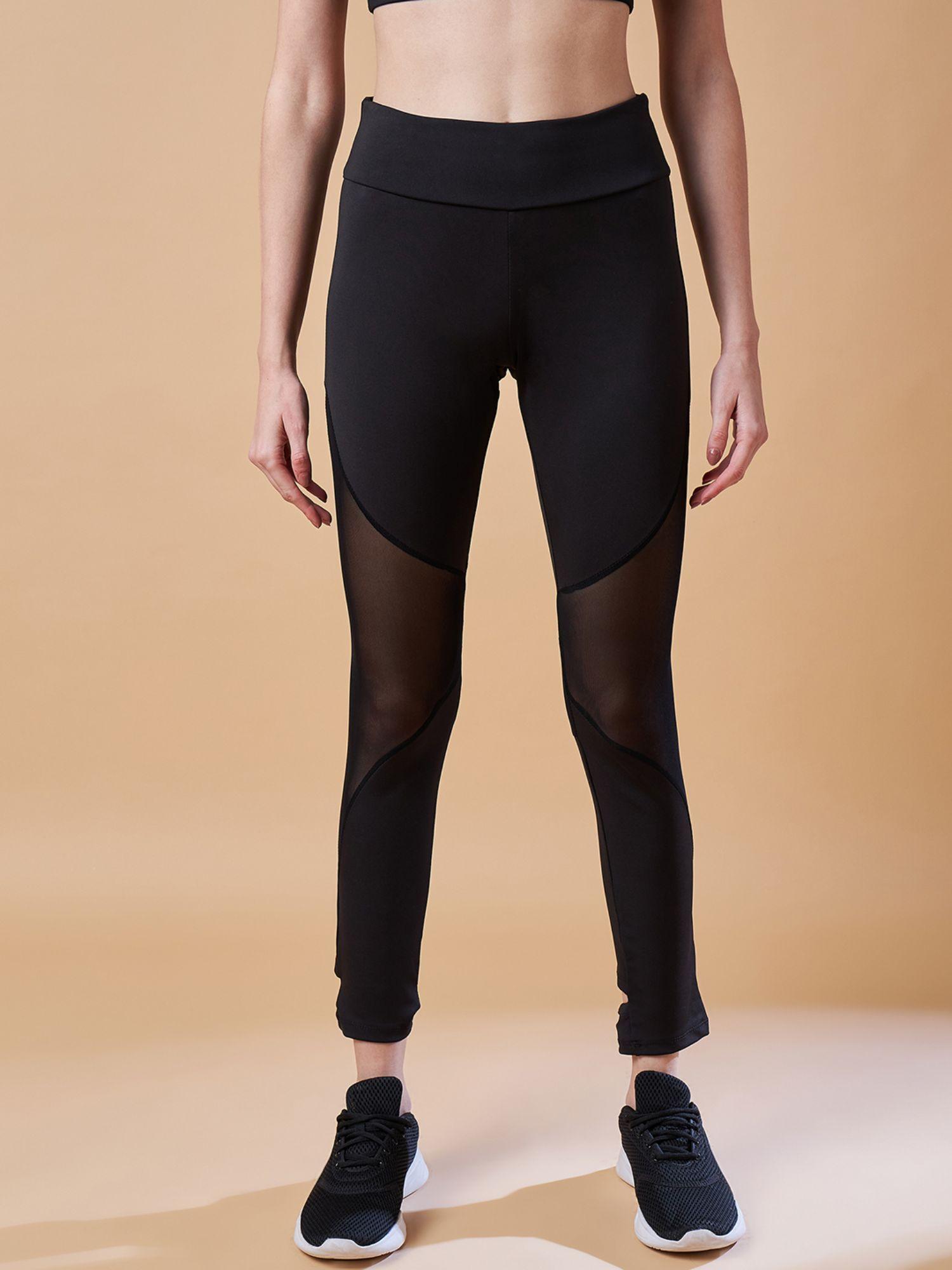 black solid mesh patch gym tights