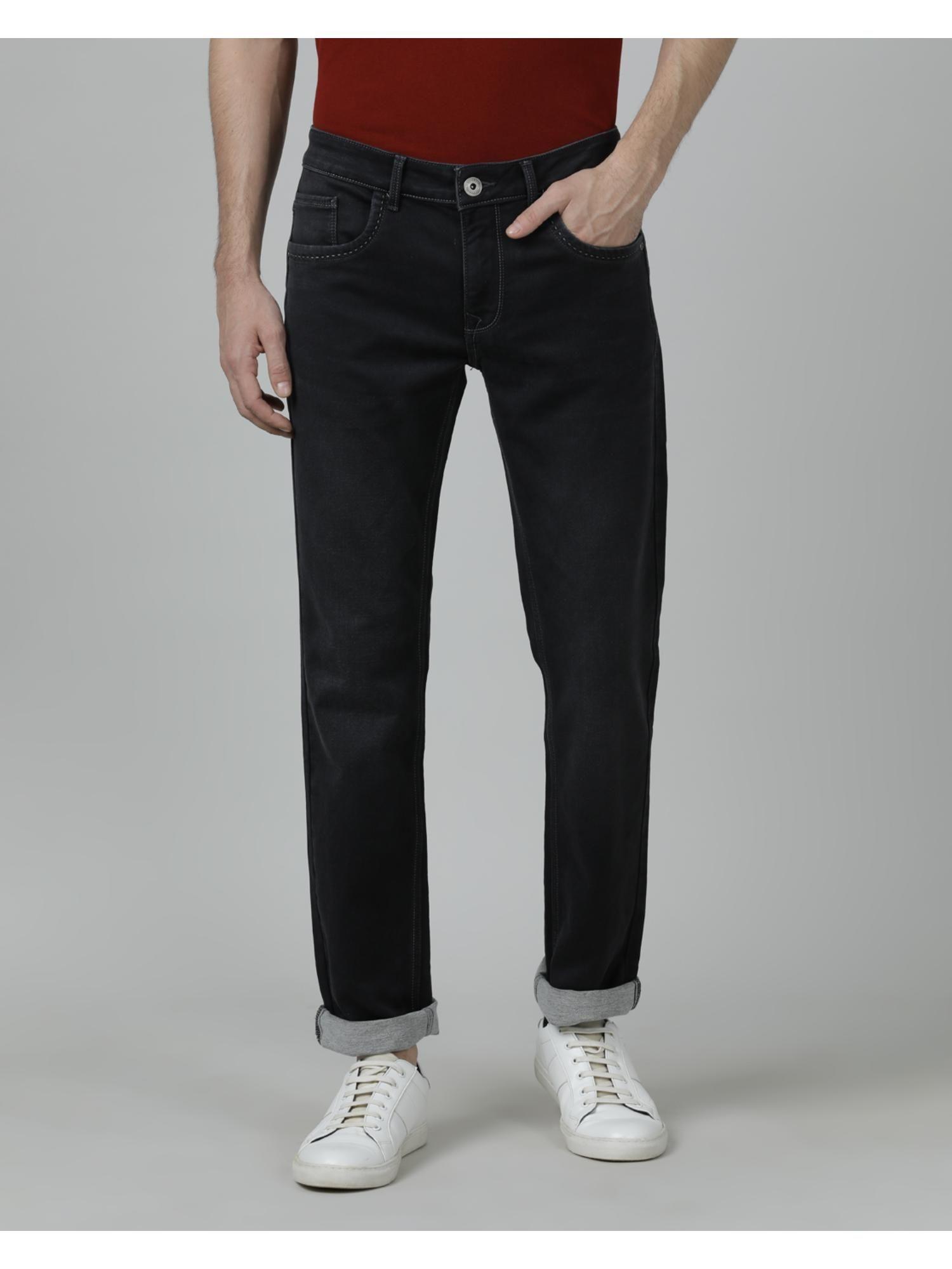 black solid mid rise slim fit casual jeans