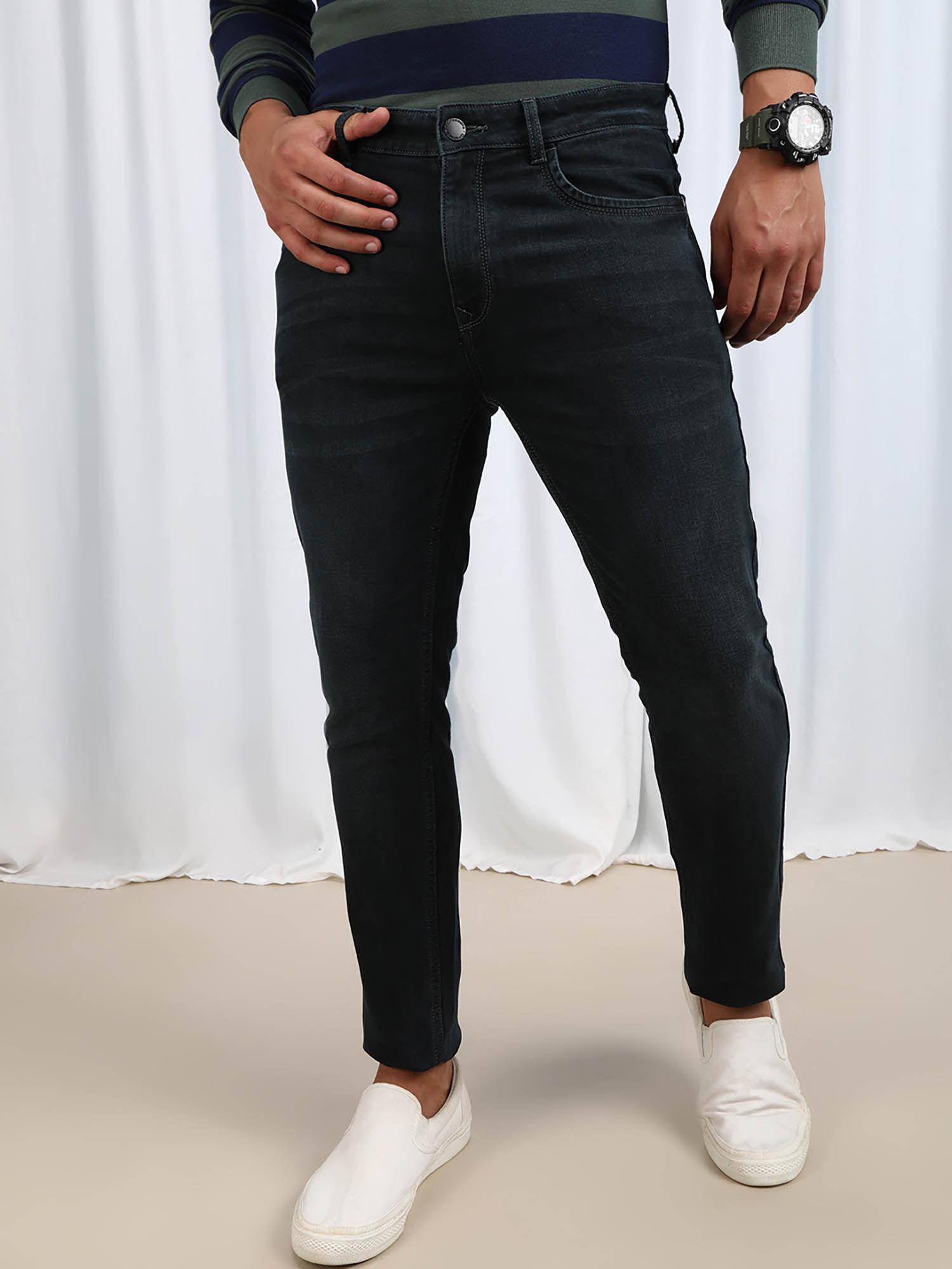 black solid mid rise slim fit casual jeans