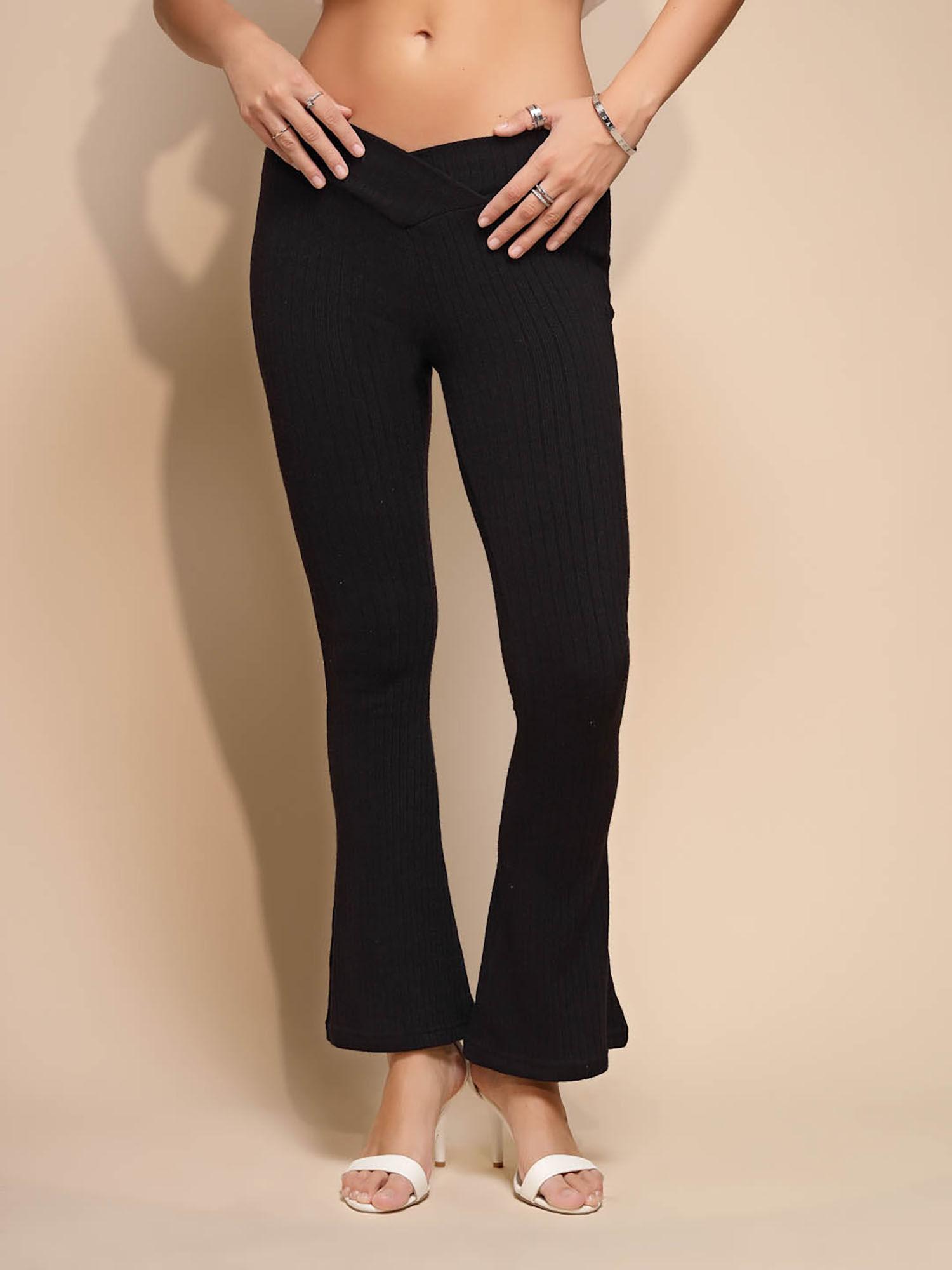 black solid mid waist polyester trousers