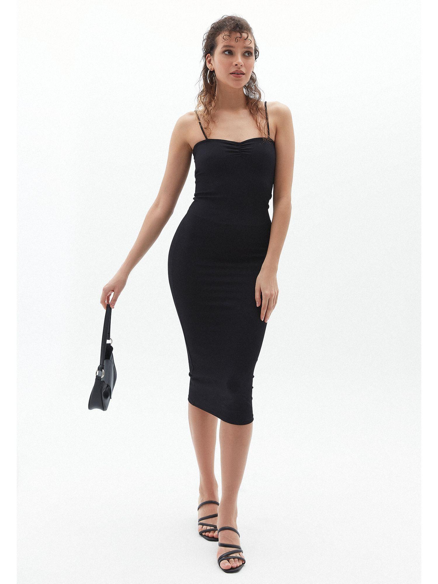 black solid midi dress