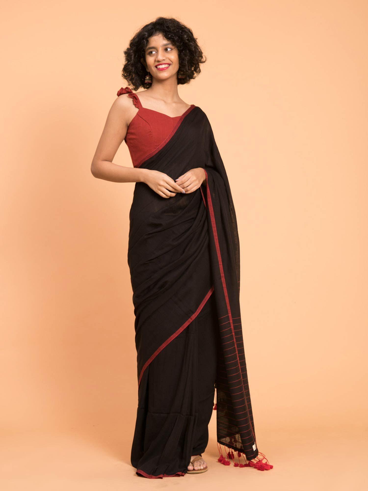 black solid mul viscose saree with striped pallu and without blouse