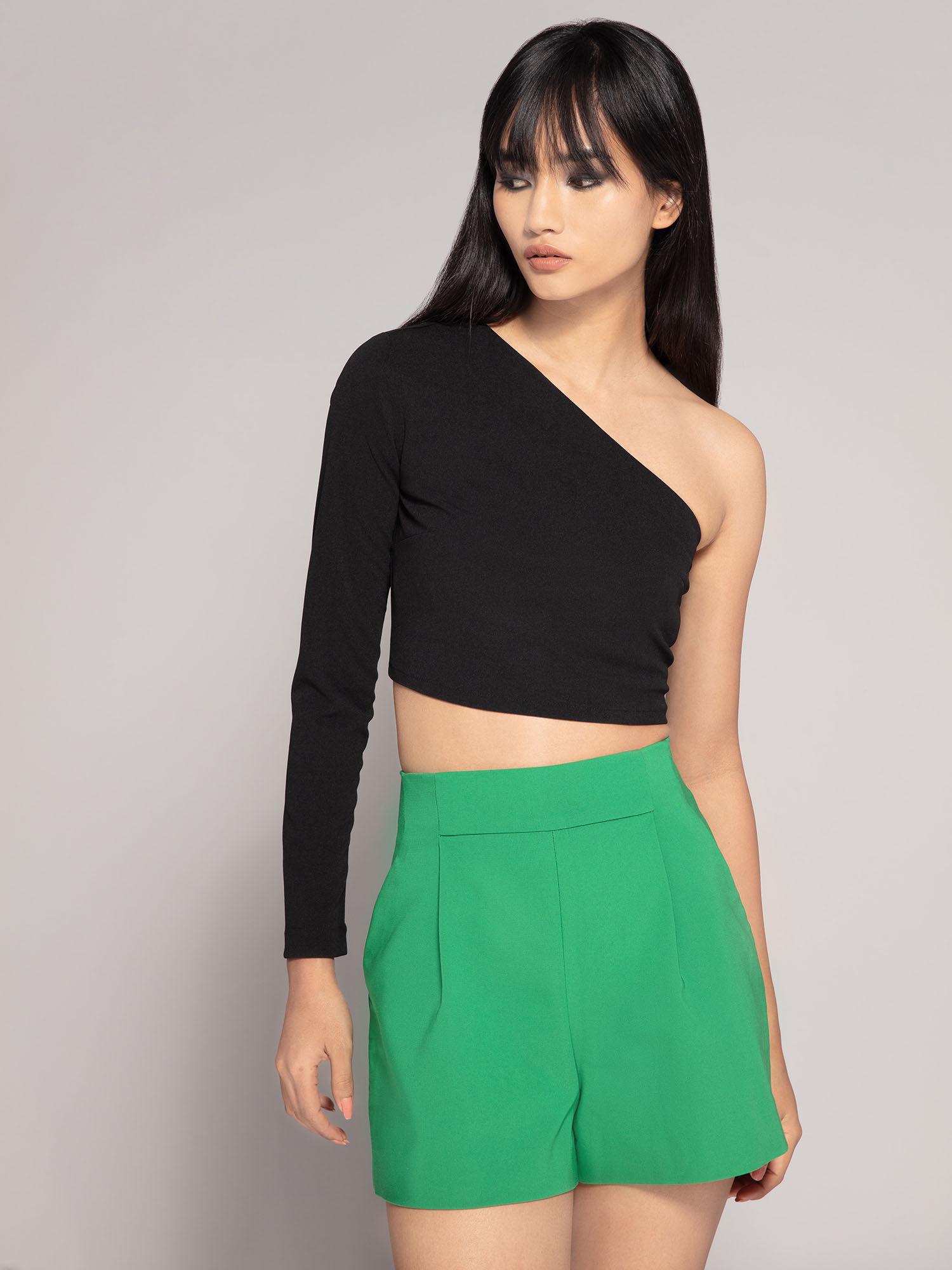 black solid one shoulder crop top