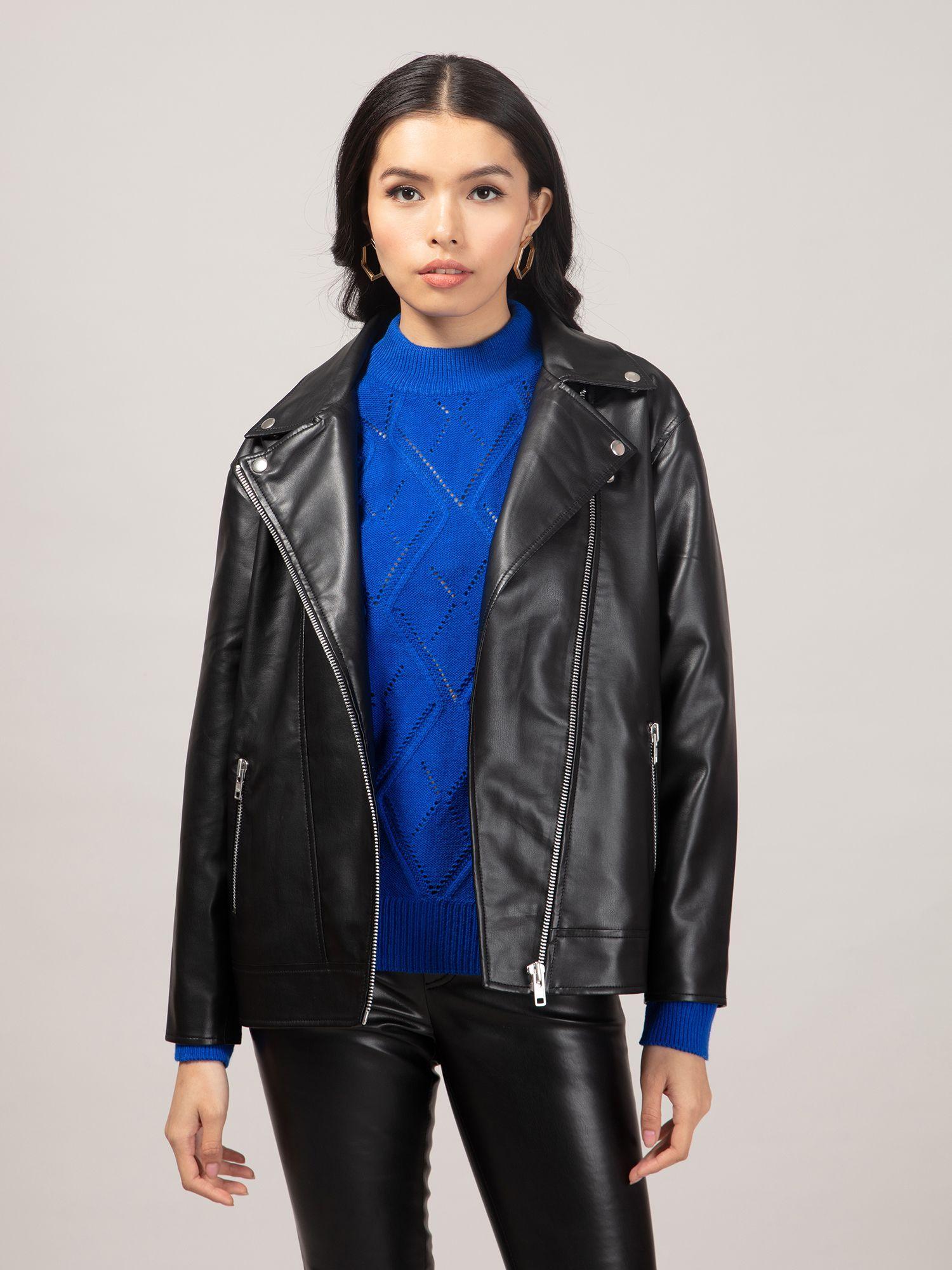 black solid oversized faux leather biker jacket