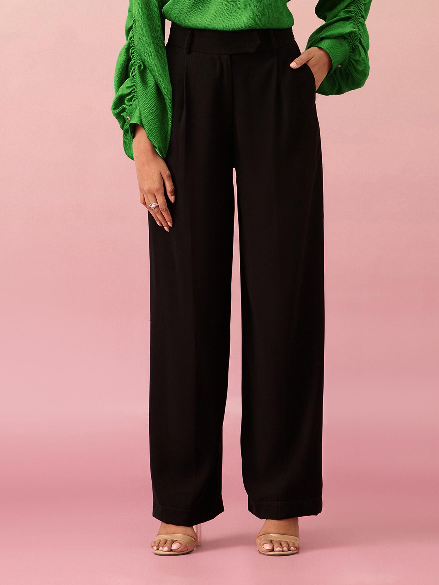 black solid pleated high waist workwear pant